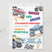 Fun Monster Trucks 4th Birthday Party Invitation Kaart (Voorkant)