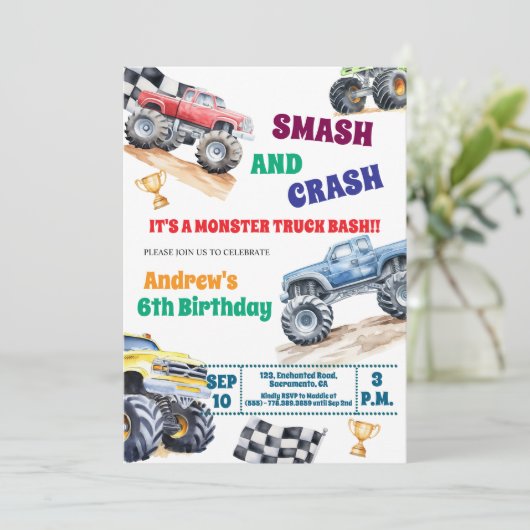 Fun Monster Trucks 6th Birthday Party Invitation Kaart (Staand voorkant)