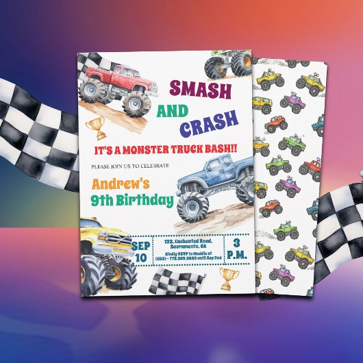 Fun Monster Trucks 9th Birthday Party Invitation Kaart