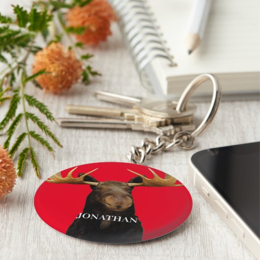 Fun Moose Red Name Wildlife Sleutelhanger (Zijkant)
