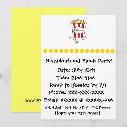 Fun Movie Theater Popcorn Block Party Uitnodigen Kaart (Voorkant / Achterkant)