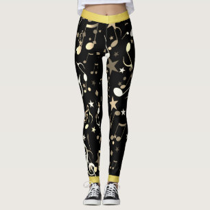Fun Muzieknoten op zwart met Faux Gold Trim Leggings