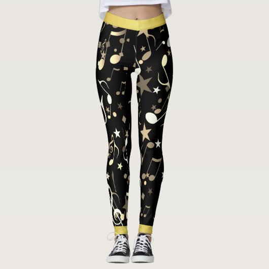 Fun Muzieknoten op zwart met Faux Gold Trim Leggings (Voorkant)