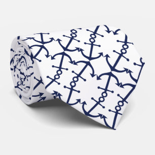 Fun Nautical Dark Blue Anchor Pattern on White Stropdas