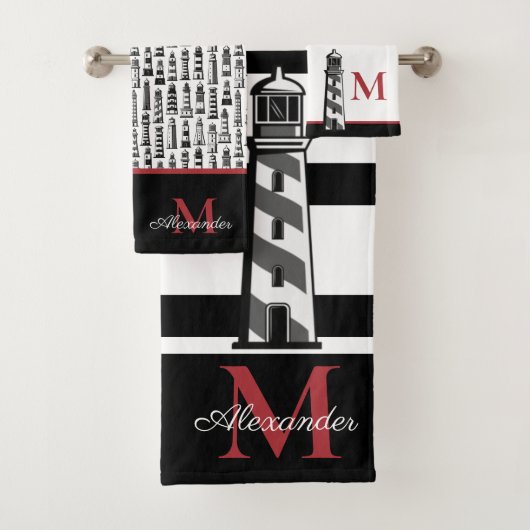 Fun Nautical Red Black White Stripe Lighthouse Bad Handdoek (Insitu)