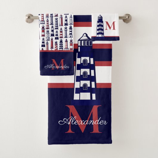 Fun Nautical Red White Navy Blue Stripe Lighthouse Bad Handdoek (Insitu)