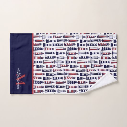 Fun Nautical Red White Navy Blue Stripe Lighthouse Bad Handdoek (Handdoek)