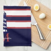 Fun Nautical Red White Navy Blue Stripe Lighthouse Theedoek (Quarter Fold)