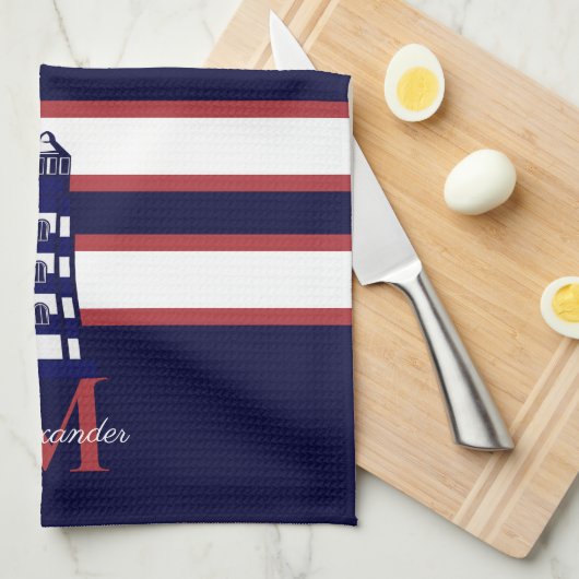 Fun Nautical Red White Navy Blue Stripe Lighthouse Theedoek (Quarter Fold)