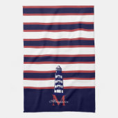 Fun Nautical Red White Navy Blue Stripe Lighthouse Theedoek (Verticaal)