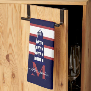 Fun Nautical Red White Navy Blue Stripe Lighthouse Theedoek