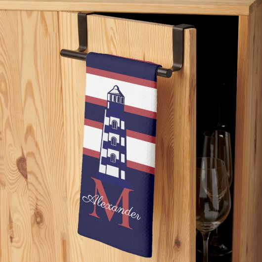Fun Nautical Red White Navy Blue Stripe Lighthouse Theedoek (Derde Gevouwen)