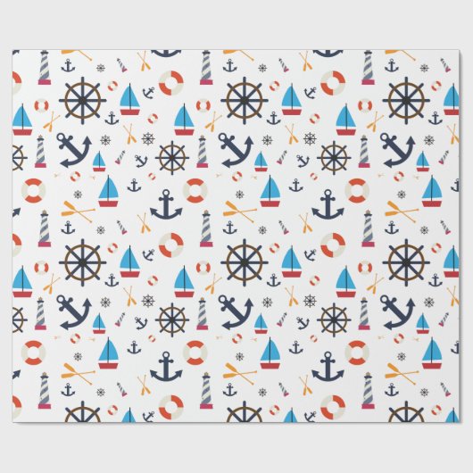 Fun Nautical Sailboat Lighthouse Ocean Zee Pattern Cadeaupapier (Vlak)