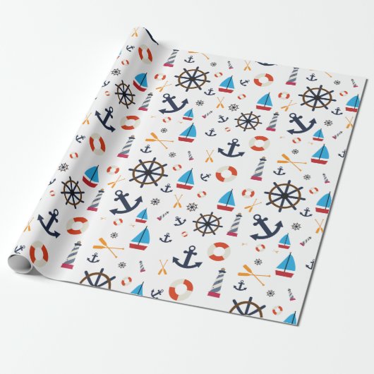 Fun Nautical Sailboat Lighthouse Ocean Zee Pattern Cadeaupapier (Uitgerold)