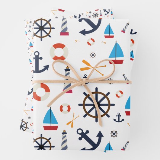 Fun Nautical Sailboat Lighthouse Ocean Zee Pattern Inpakpapier Vel (In situ)