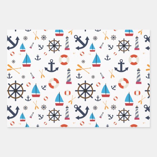 Fun Nautical Sailboat Lighthouse Ocean Zee Pattern Inpakpapier Vel (Voorkant)