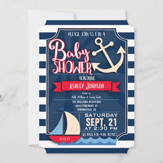 Fun, Navy, Rood, Wit Nautisch Baby shower Kaart (Voorkant)
