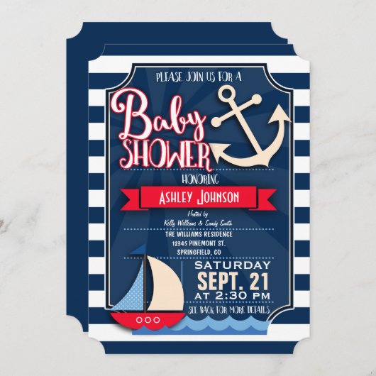 Fun, Navy, Rood, Wit Nautisch Baby shower Kaart (Voorkant / Achterkant)