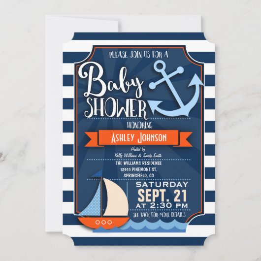 Fun, Navy, Sinaasappel, & Wit Nautisch Baby shower Kaart (Voorkant)