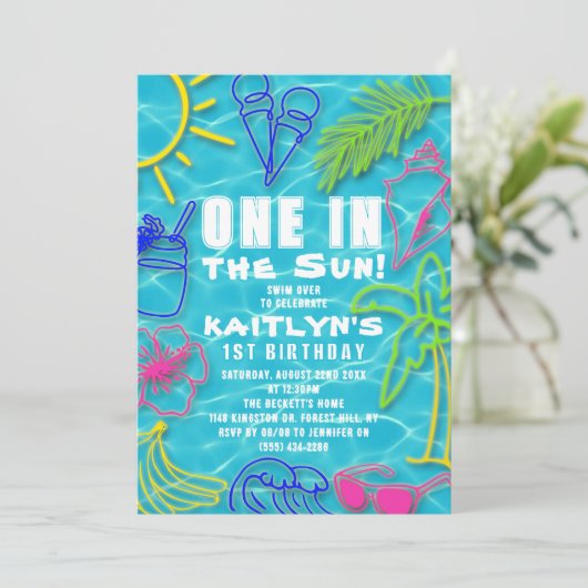 Fun Neon One In The Sun Zomer 1e Verjaardag Kaart (Staand voorkant)