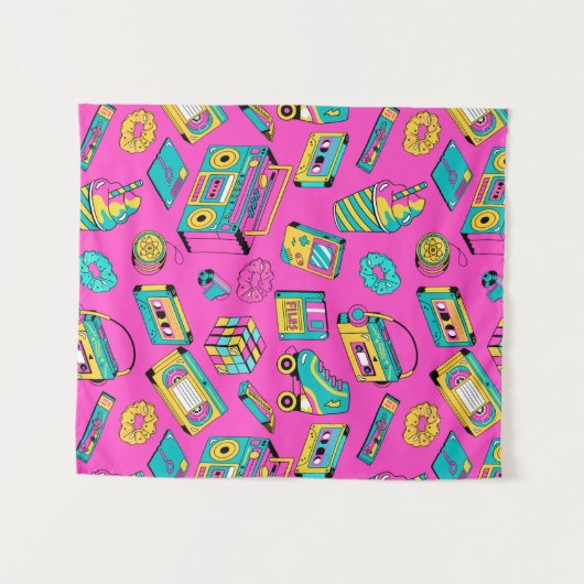 Fun Neon Pink Retro 80s 90s Tech Bright Pattern Wandkleed (Voorkant (horizontaal))