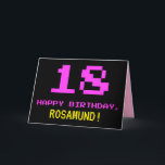 Fun, Nerdy, Geeky, Pink, 8-Bit Style 18th Birthday Kaart<br><div class="desc">The front of this fun, nerdy, and geeky birthday greeting card design features a large pink number "18", along with the message "HAPPY BIRTHDAY" in pink, and a bold yellow customizable recipient name. The text has a look inspired by that of vintage 8-bit style video/computer game graphics from the 1970s...</div>