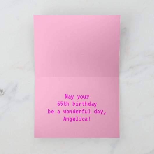 Fun, Nerdy, Geeky, Pink, 8-Bit Style 65th Birthday Kaart (Binnen)