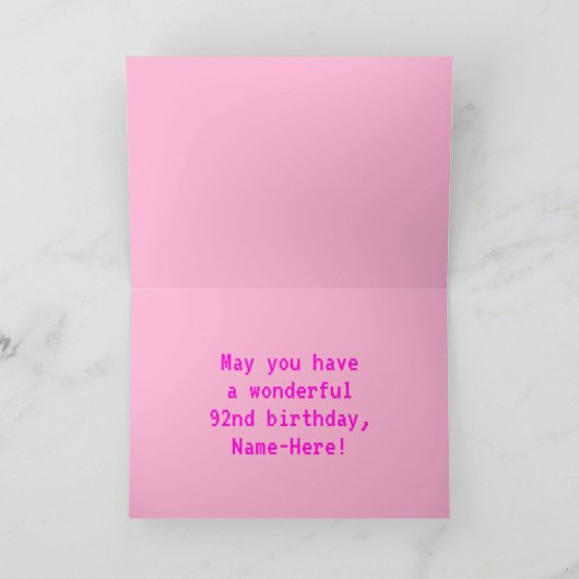 Fun, Nerdy, Geeky, Pink, 8-Bit Style 92nd Birthday Kaart (Binnen)
