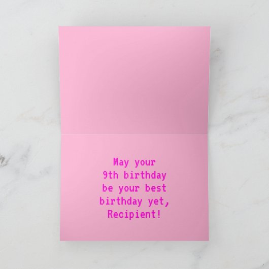Fun, Nerdy, Geeky, Pink, 8-Bit Style 9th Birthday Kaart (Binnen)