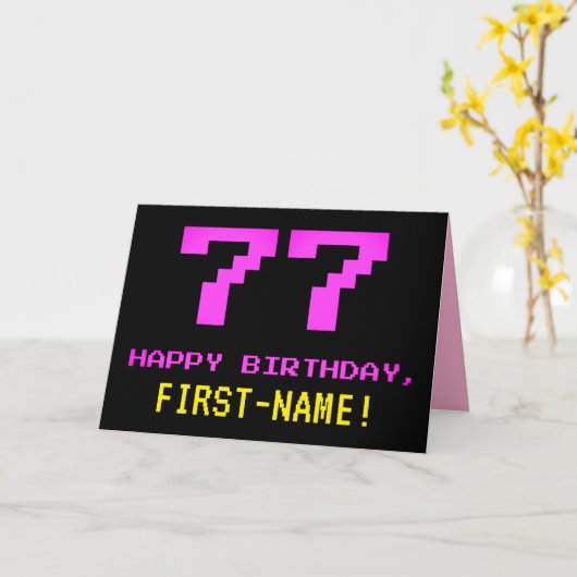 Fun, Nerdy, Geeky, Roze, 8-bits stijl 77th Birthda Kaart (Gele Bloem)