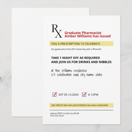 Fun Novelty Rx Prescription Pharmacy Afstuderen Kaart (Voorkant / Achterkant)
