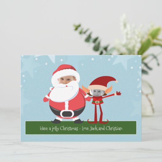 Fun Novelty Santa en Elf Kerstmis op maat Feestdagenkaart (Staand voorkant)