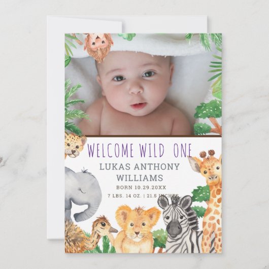 Fun Oerwoud Safari Animal Baby Birth koninklijke b Aankondiging (Voorkant)