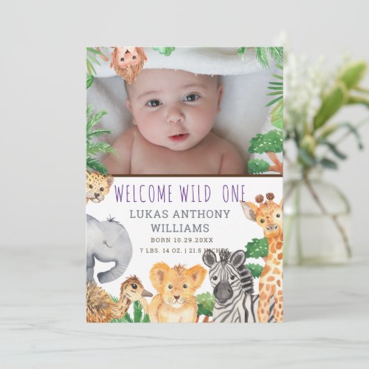 Fun Oerwoud Safari Animal Baby Birth koninklijke b Aankondiging (Staand voorkant)