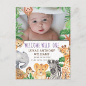 Fun Oerwoud Safari Animal Baby Birth koninklijke b Aankondigingskaart (Voorkant)