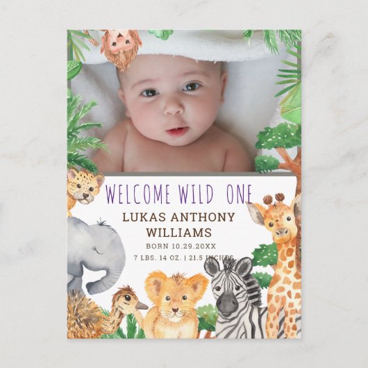 Fun Oerwoud Safari Animal Baby Birth koninklijke b Aankondigingskaart (Voorkant)