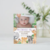 Fun Oerwoud Safari Animal Baby Birth koninklijke b Aankondigingskaart (Staand voorkant)