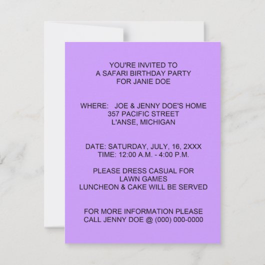 FUN OERWOUD THEMED SAFARI Birthday Party INVITATIO Kaart (Achterkant)