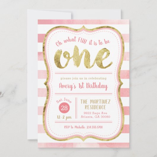 Fun om één roze en gouden eerste verjaardag te zij kaart (Voorkant)