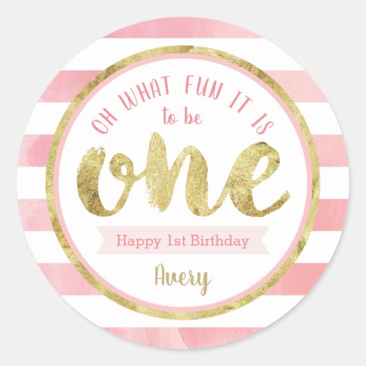 Fun om één roze en gouden eerste verjaardag te zij ronde sticker (Voorkant)