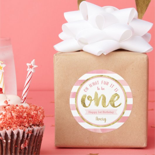 Fun om één roze en gouden eerste verjaardag te zij ronde sticker (Feest)