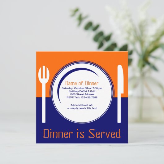 Fun Oranje & Blue Dinner Invitation Kaart (Staand voorkant)