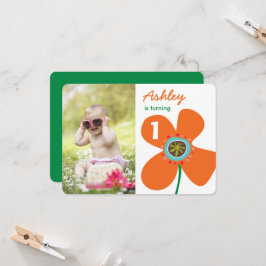 Fun Oranje Daisy Pop Cute Photo Girl 1e verjaardag Kaart