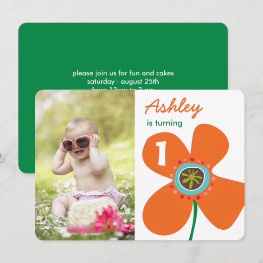 Fun Oranje Daisy Pop Cute Photo Girl 1e verjaardag Kaart (Voorkant / Achterkant)