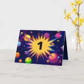 Fun Outer Space Planets Voeg naam Kinder 1 geboort Kaart (Gele Bloem)