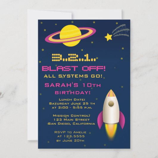 Fun Outer Space Rocket Birthday Party Invitation Kaart (Voorkant)