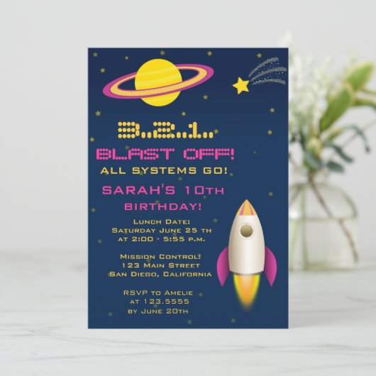 Fun Outer Space Rocket Birthday Party Invitation Kaart (Staand voorkant)
