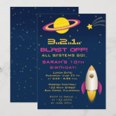 Fun Outer Space Rocket Birthday Party Invitation Kaart (Voorkant / Achterkant)