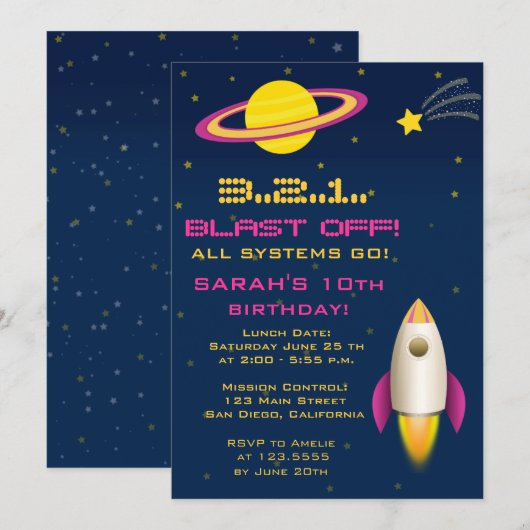 Fun Outer Space Rocket Birthday Party Invitation Kaart (Voorkant / Achterkant)