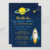 Fun Outer Space Rocket Birthday Party Invitation Kaart (Voorkant / Achterkant)